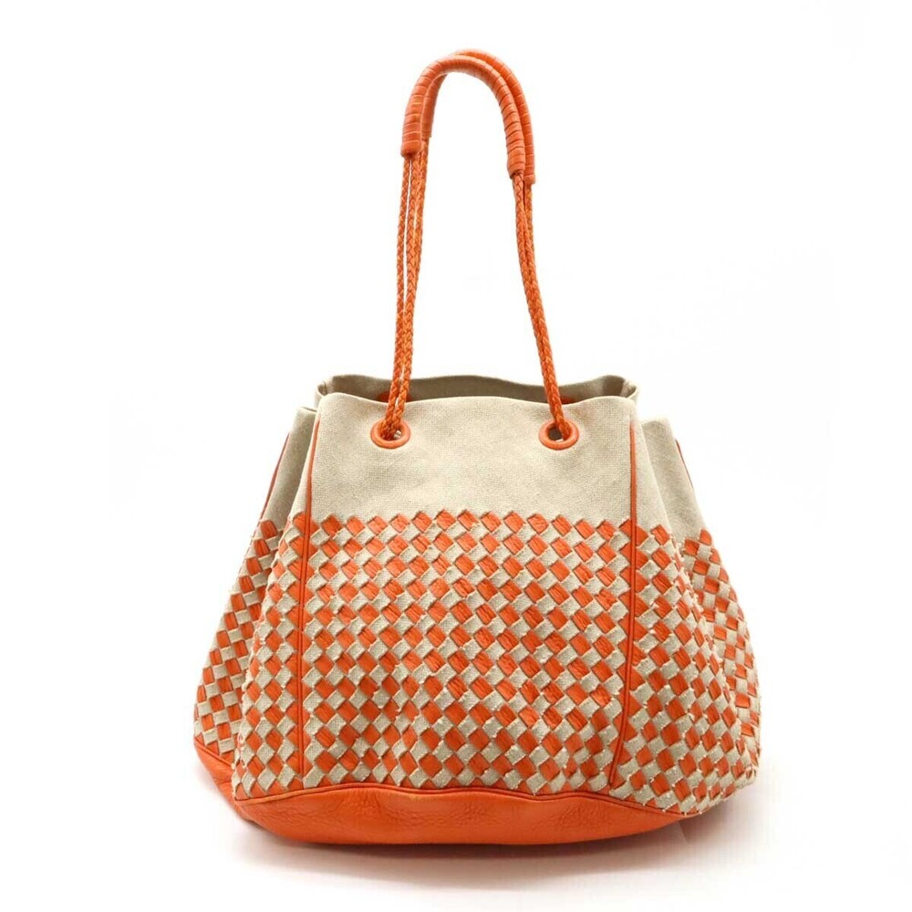 BOTTEGA VENETA Intrecciato Tote Bag Bicolor Canvas Leather Beige Cream Orange